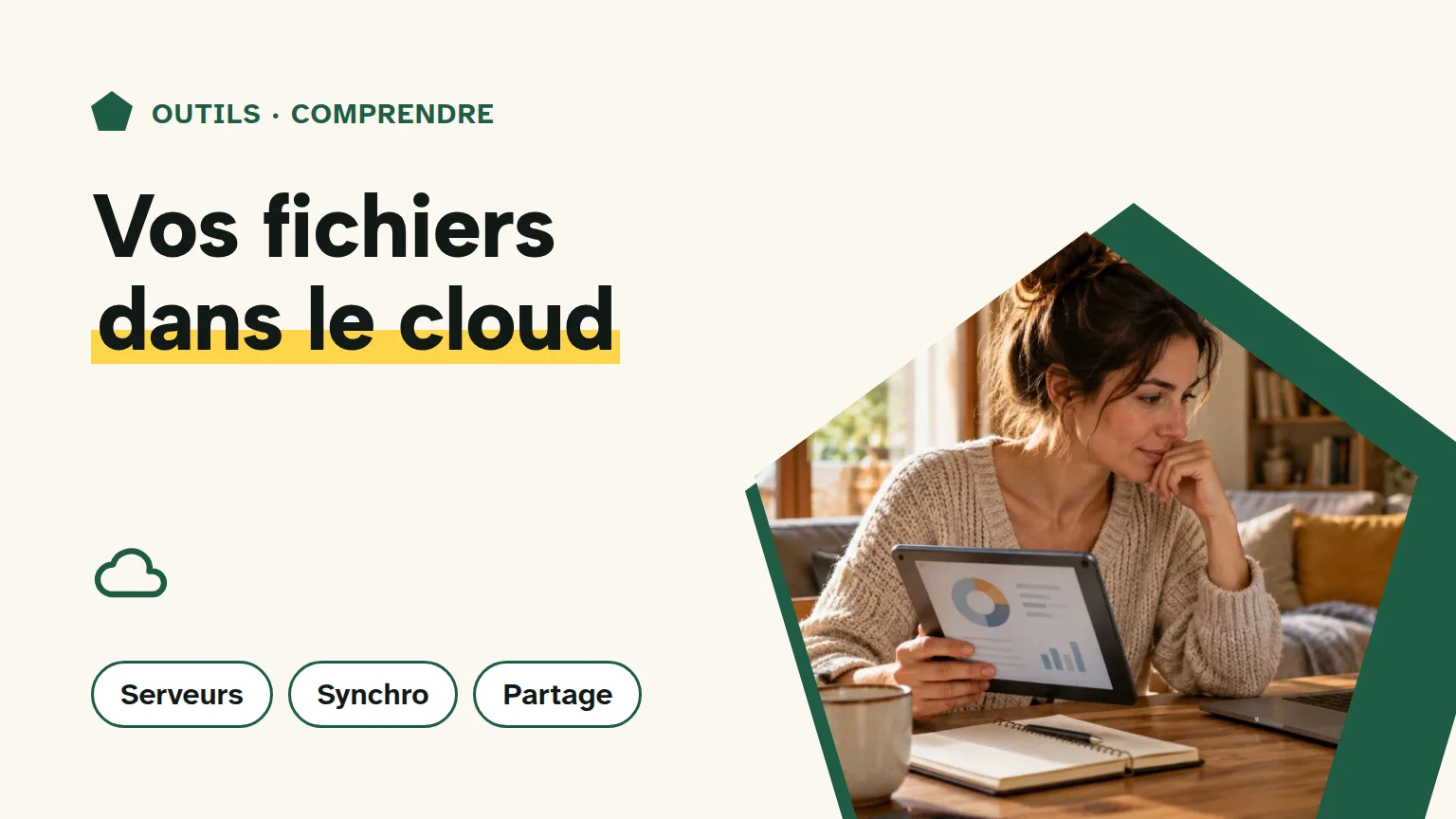 Couverture « Vos fichiers dans le cloud » : une femme consulte un même document sur une tablette et un ordinateur.