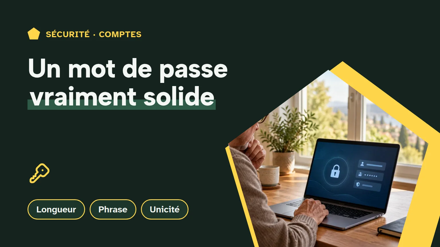 Couverture « Un mot de passe vraiment solide » : un adulte senior utilise un ordinateur à son bureau, avec un carnet fermé à proximité.