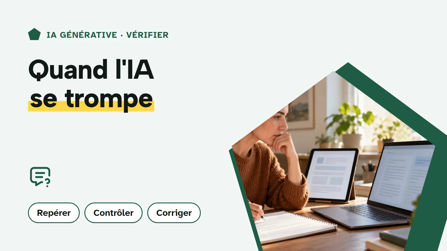 Couverture « Quand l'IA se trompe » : un adulte compare une réponse sur ordinateur avec un document consulté sur tablette.