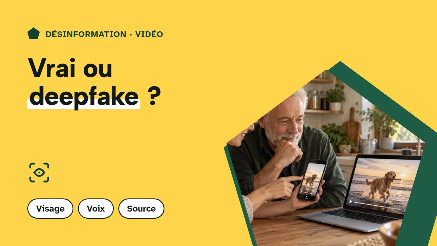Couverture « Vrai ou deepfake ? » : une femme et un homme comparent une vidéo sur un téléphone et un ordinateur dans une cuisine.